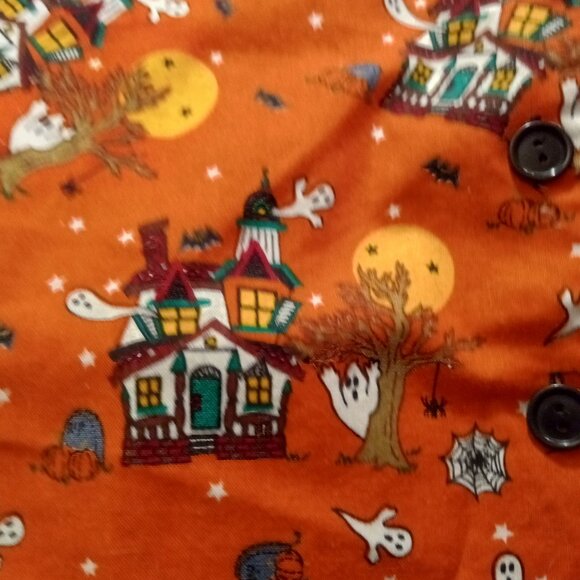 Halloween Vest Orange w/haunted houses & ghost 1X Basic Edition Cotton/Acetate - Picture 2 of 5